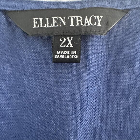 Ellen Tracy Tunic Top Womens 2X Blue Linen Zip Front 3/4 Sleeve Utility Office - Picture 5 of 13